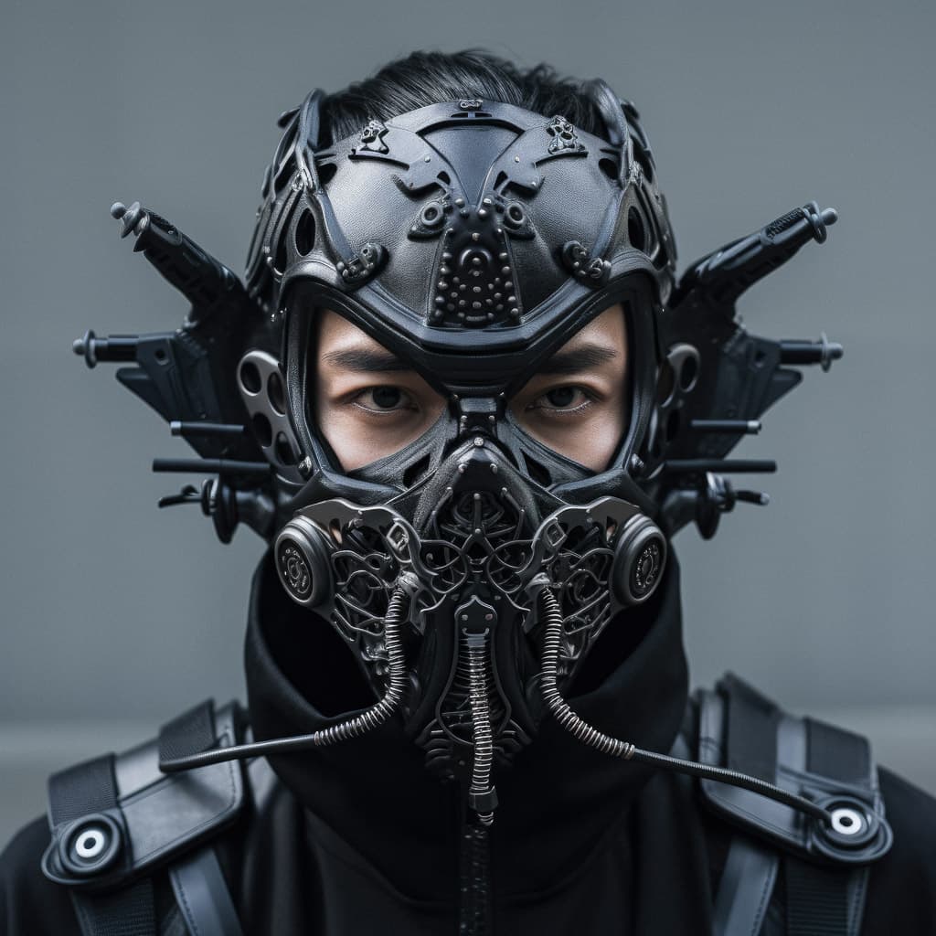 Techwear mask showcasing prompt engineering techniques in Midjourney AI text-to-image generation.