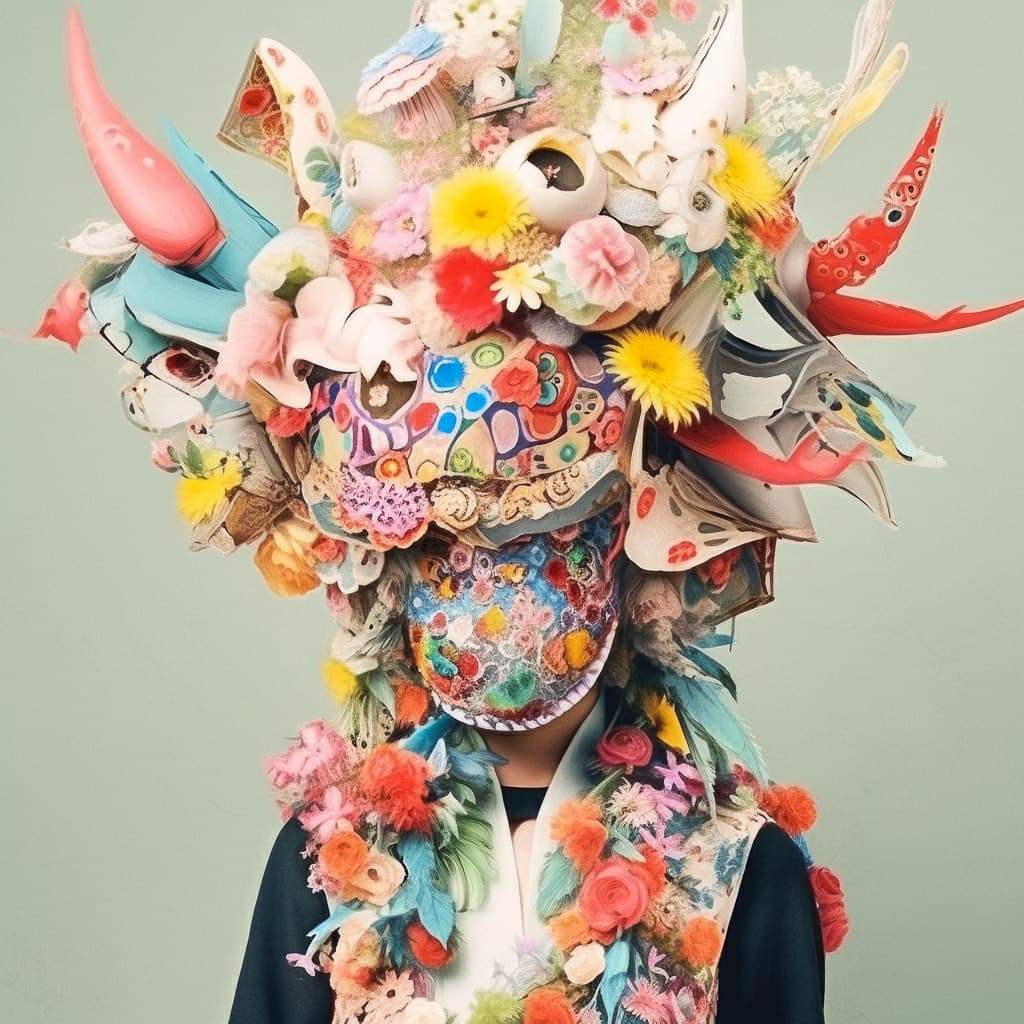 Elaborate mask made from recyclable waste, showcasing prompt engineering in Midjourney for artistic expression and cultural significance.