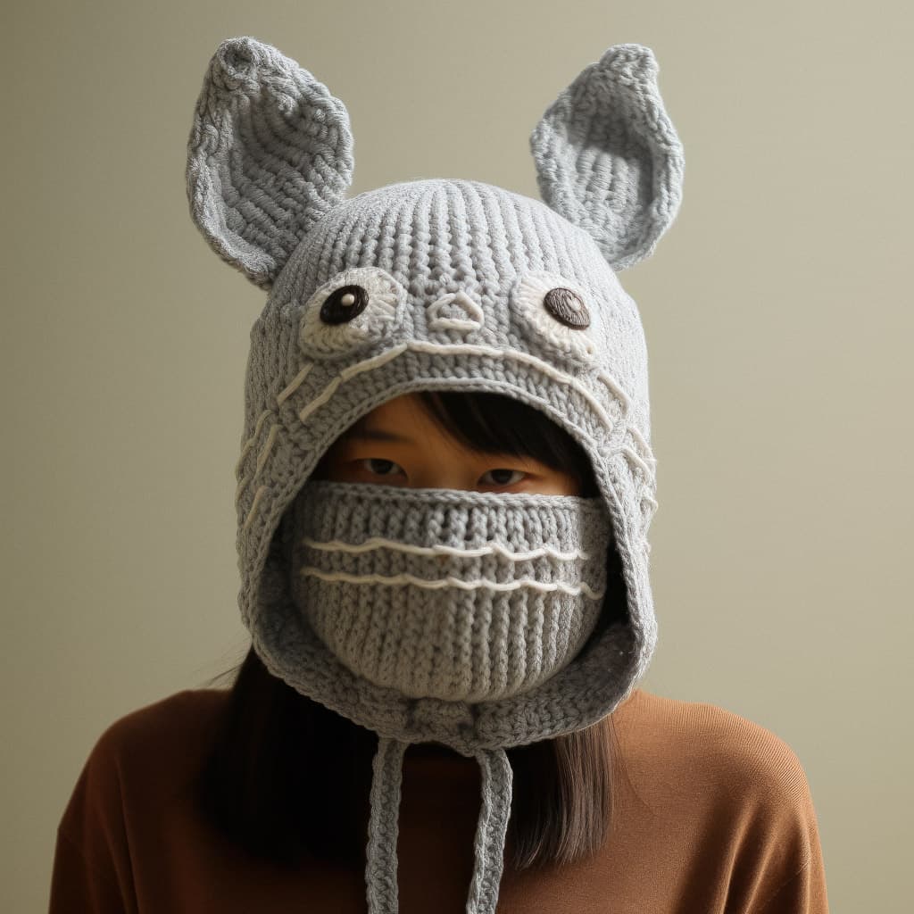 Knitted Totoro mask showcasing prompt engineering in Midjourney AI text-to-image generation.