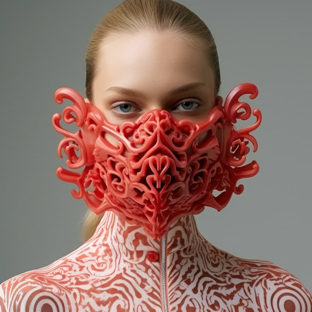 Midjourney prompt for intricate red face mask design, exploring cultural significance and artistic expression in masks.