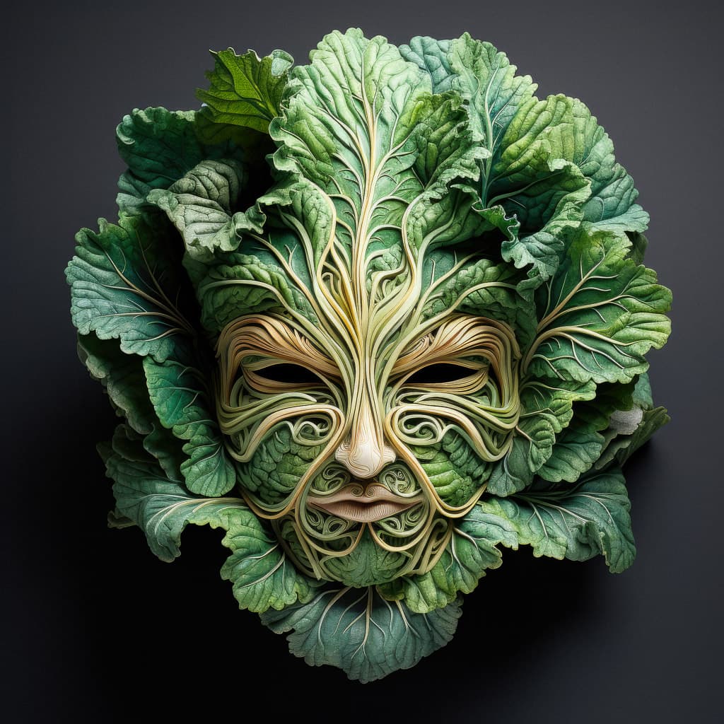 Cabbage leaves mask representing cultural significance in Midjourney prompt engineering techniques, version 5.2.
