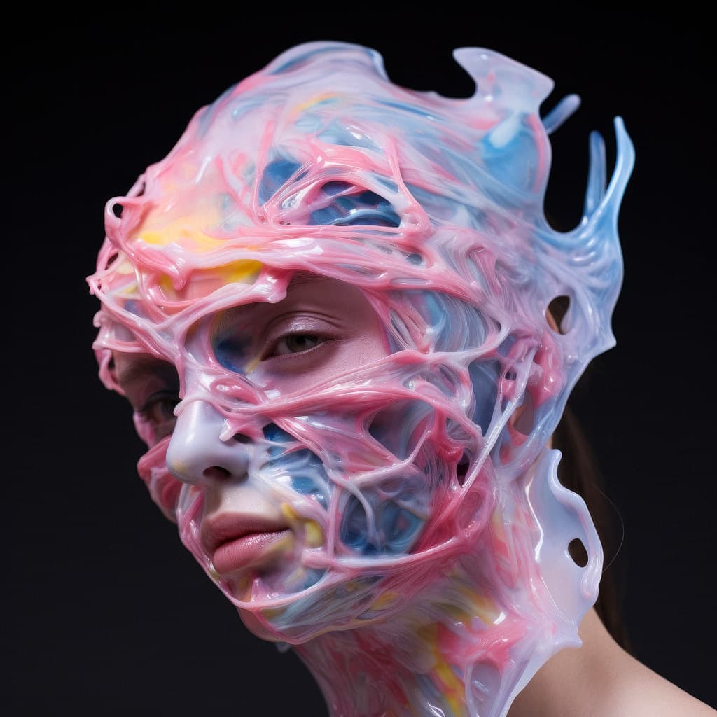 Midjourney prompt generating mask made of melted plastic, exploring cultural significance and artistic expression, version 5.2.