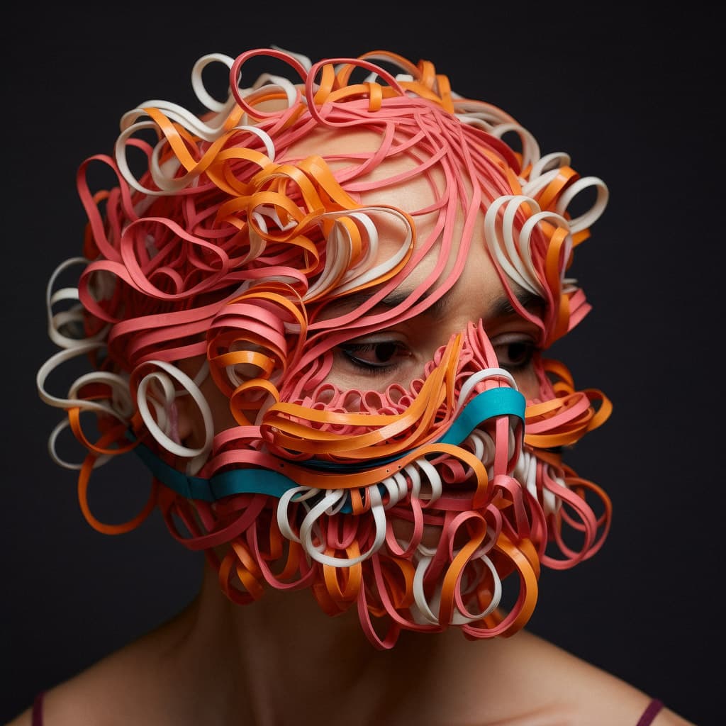 Midjourney prompt generating rubber bands mask, exploring cultural significance, artistic expression, social identity, version 5.2.