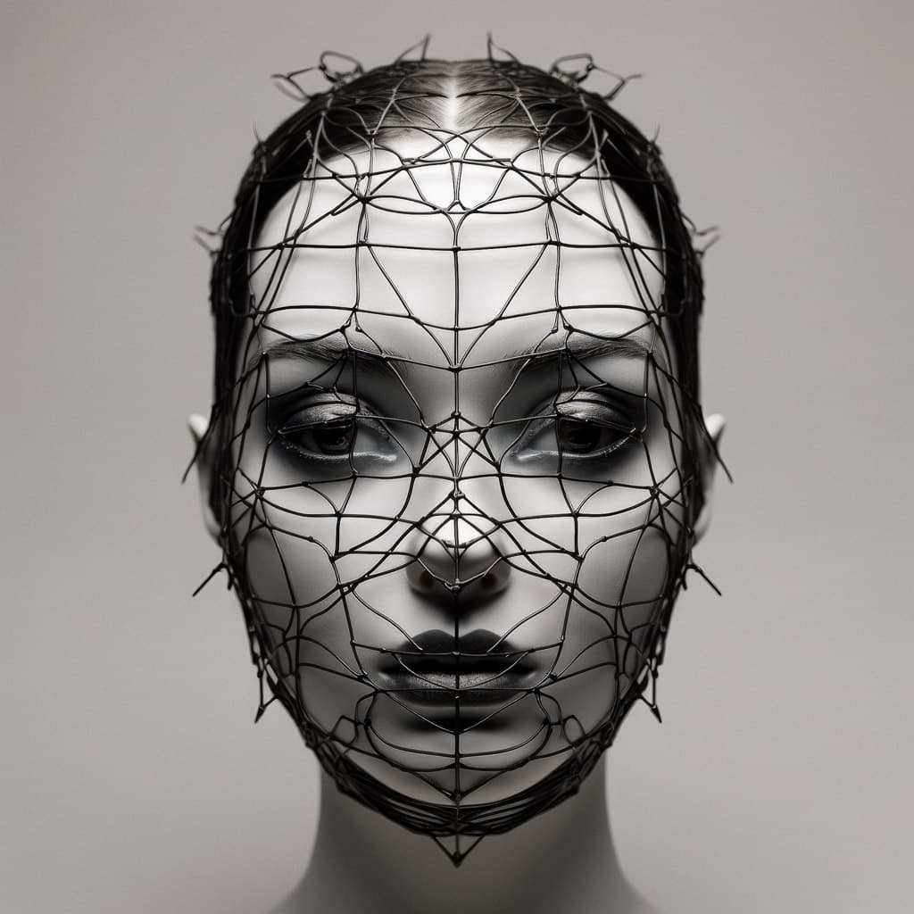 Wireframe mask representing cultural identity created using Midjourney prompt techniques, version 5.2.