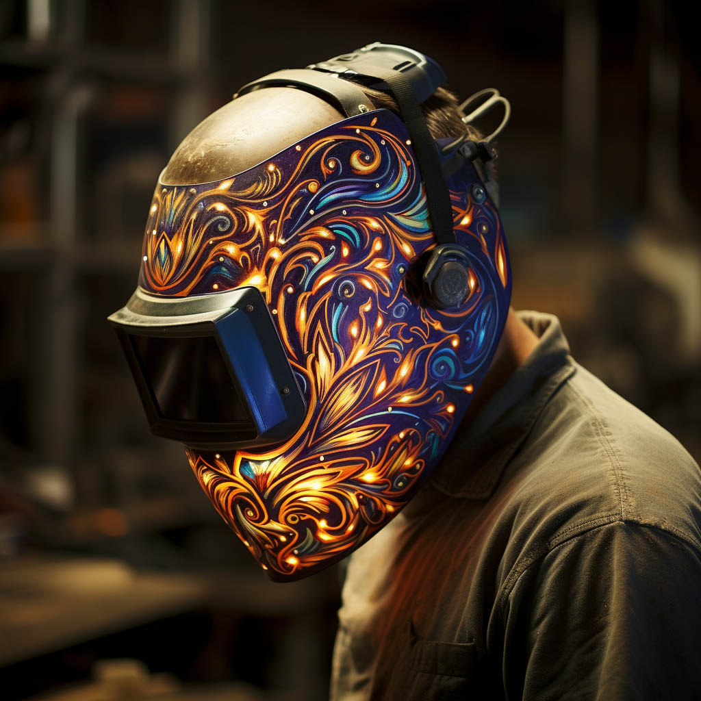 Welding mask with intricate designs, showcasing Midjourney prompt engineering for artistic expression in masks.