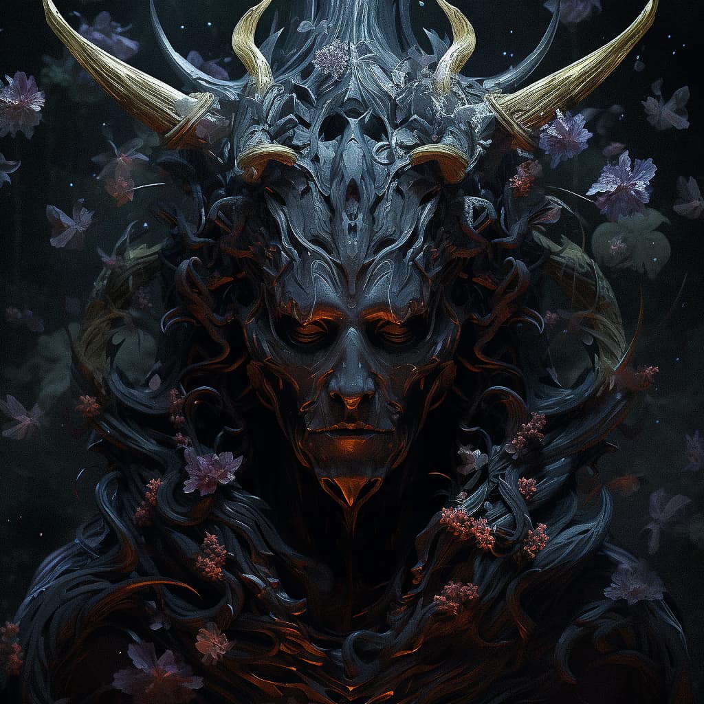 Midjourney prompt for Hades character design, featuring dark themes, mythical elements, floral motifs, and intricate details.