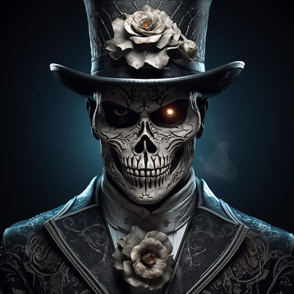 Midjourney prompt for Halloween design featuring Baron Samedi, skull figure, top hat, floral details, dark aesthetic, --v 5.2.