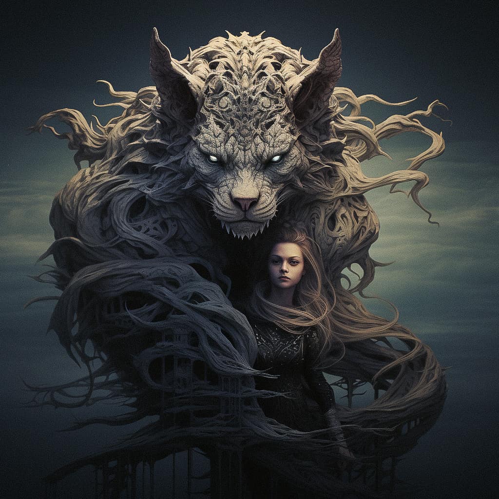 Midjourney prompt for Chimera --v 5.2 featuring mythical creature, horror elements, intricate design, dark art style.