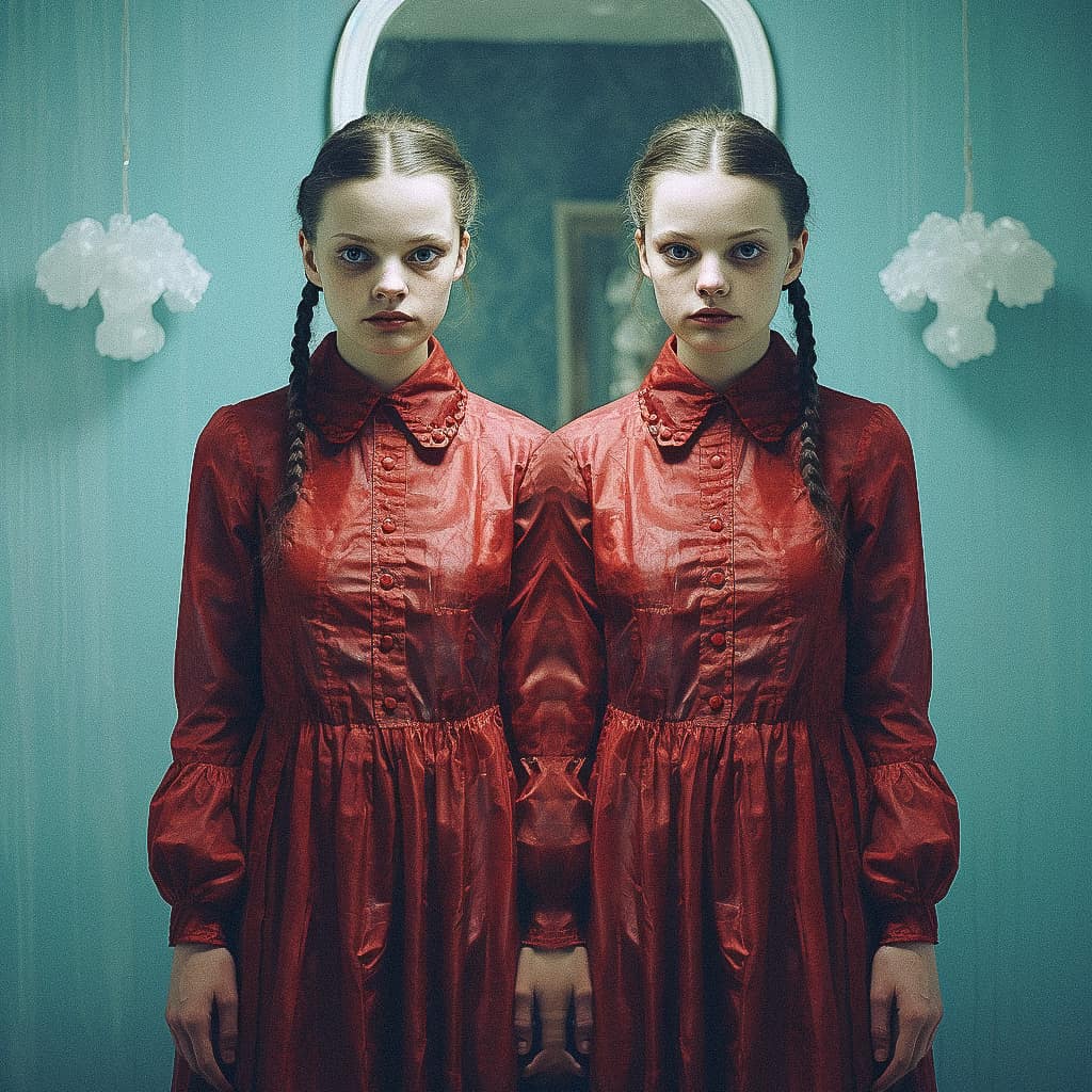 Midjourney prompt for Halloween design featuring doppelganger in red dress, eerie atmosphere, urban legends, horror icons.