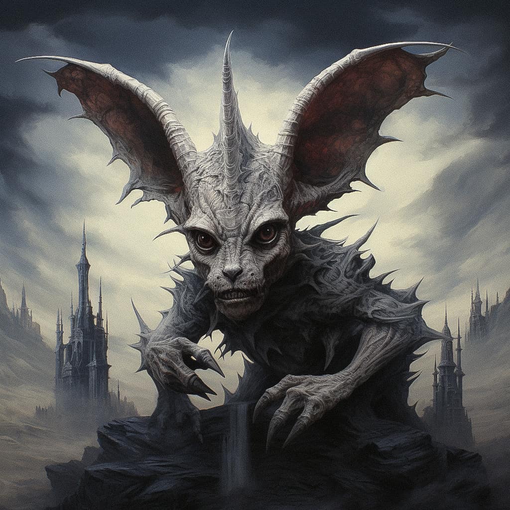 Chupacabra creature design in Midjourney, Halloween theme, prompt engineering, mythical elements, dark castle background, version 5.2.
