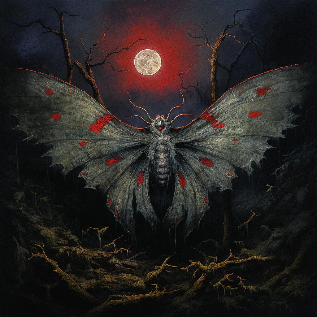 Mothman design using Midjourney prompt techniques, featuring Halloween themes, mythical creatures, and horror elements.