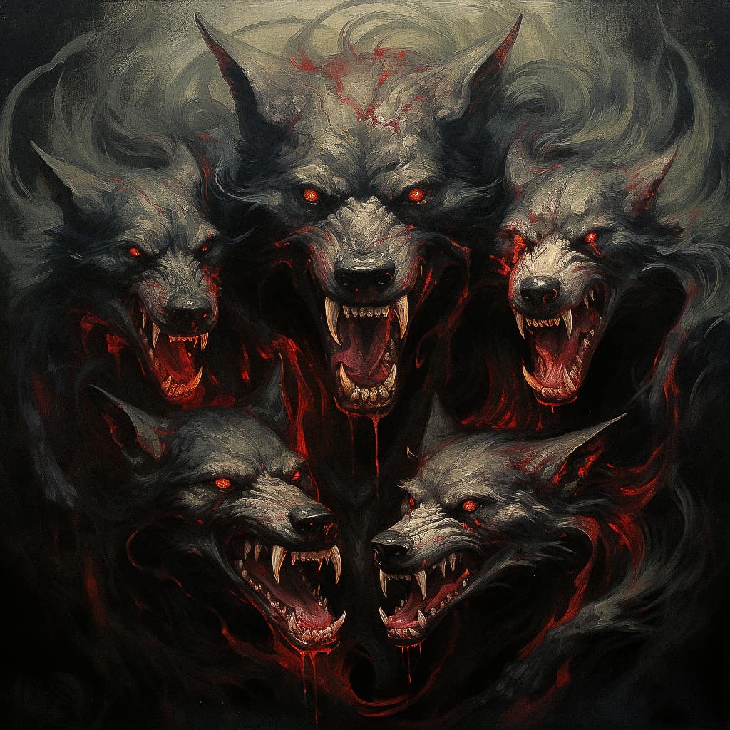 Midjourney prompt for Cerberus design, featuring five fierce wolves with glowing eyes and blood, Halloween art style.