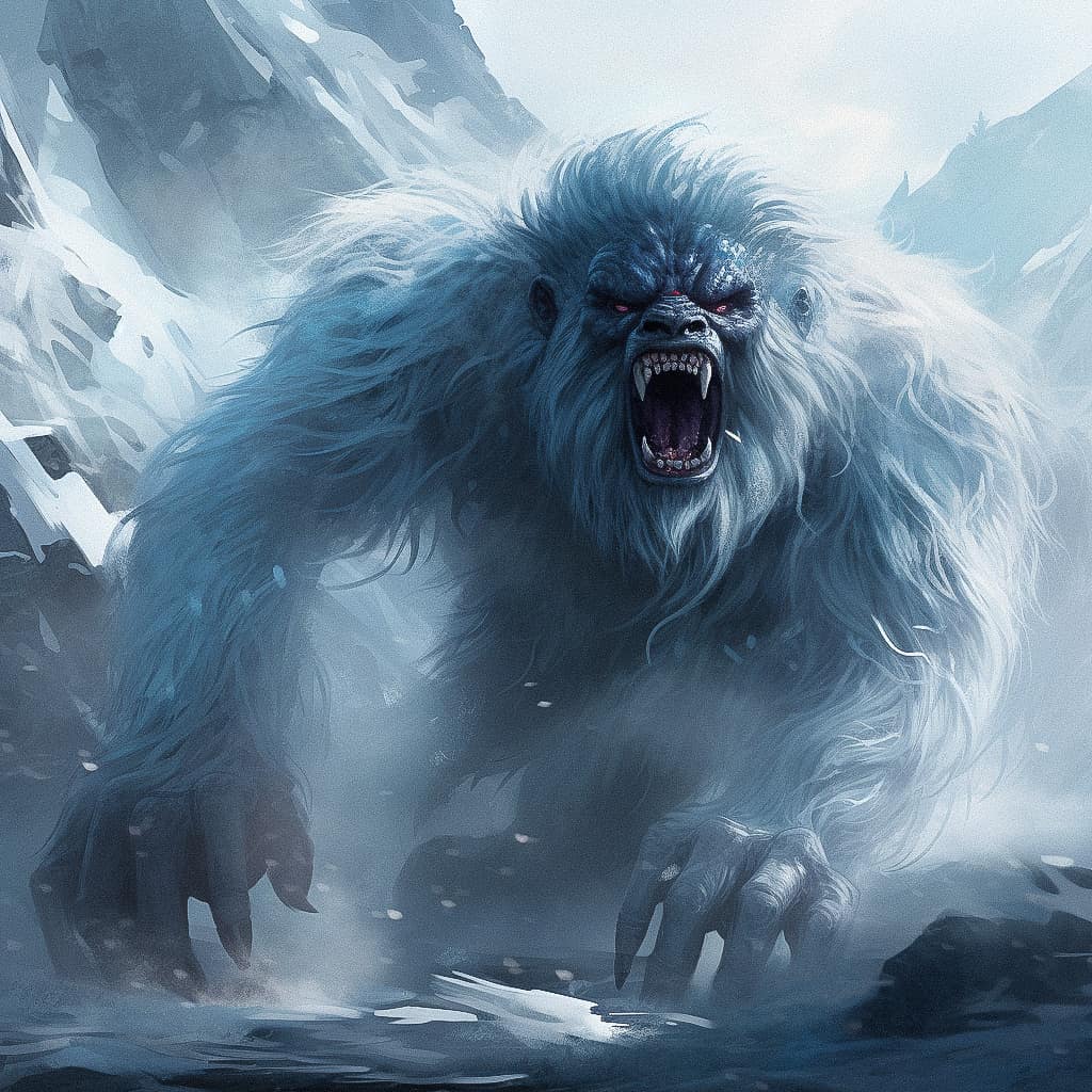 Midjourney prompt for Yeti design, featuring mythical creature in snowy landscape, exploring horror icons and urban legends.