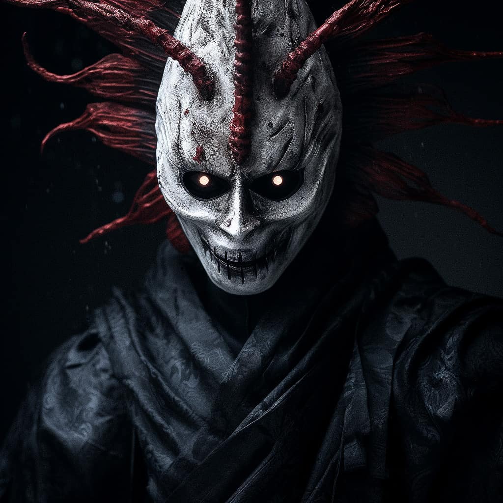 Midjourney prompt for Shinigami character design, Halloween theme, horror elements, urban legends, mythical creatures, --v 5.2.