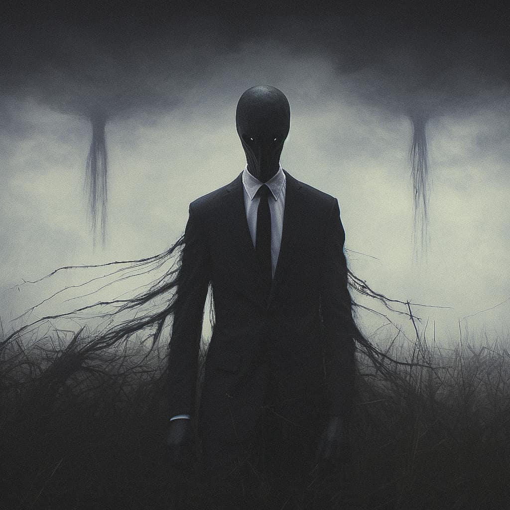 Slender Man character design using Midjourney prompt techniques, featuring horror elements, dark atmosphere, and urban legend themes.