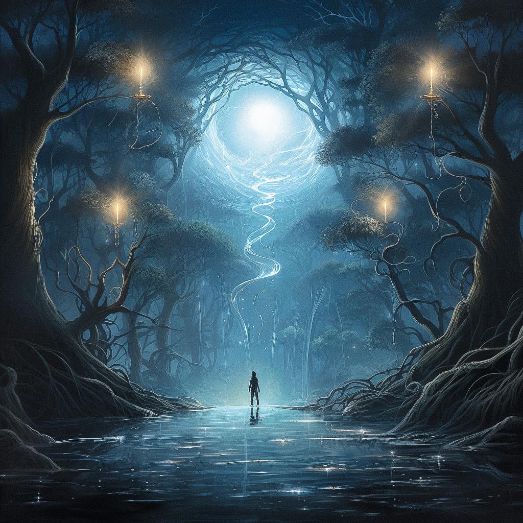 Midjourney prompt for ethereal forest scene with glowing lights, water reflection, and mystical atmosphere, --v 5.2