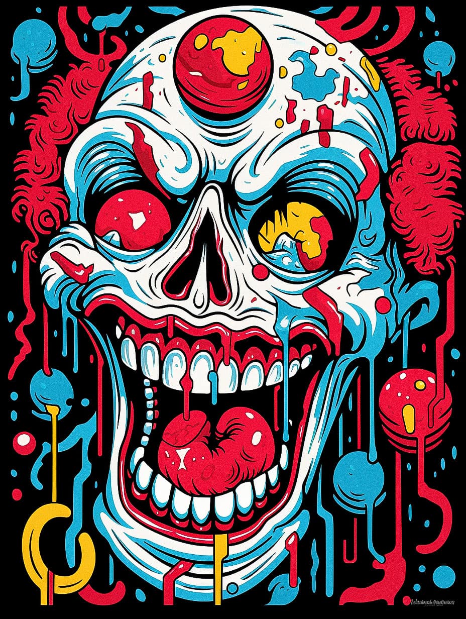 Midjourney prompt for Halloween design featuring clown skull, vibrant colors, dripping elements, inspired by horror icons.