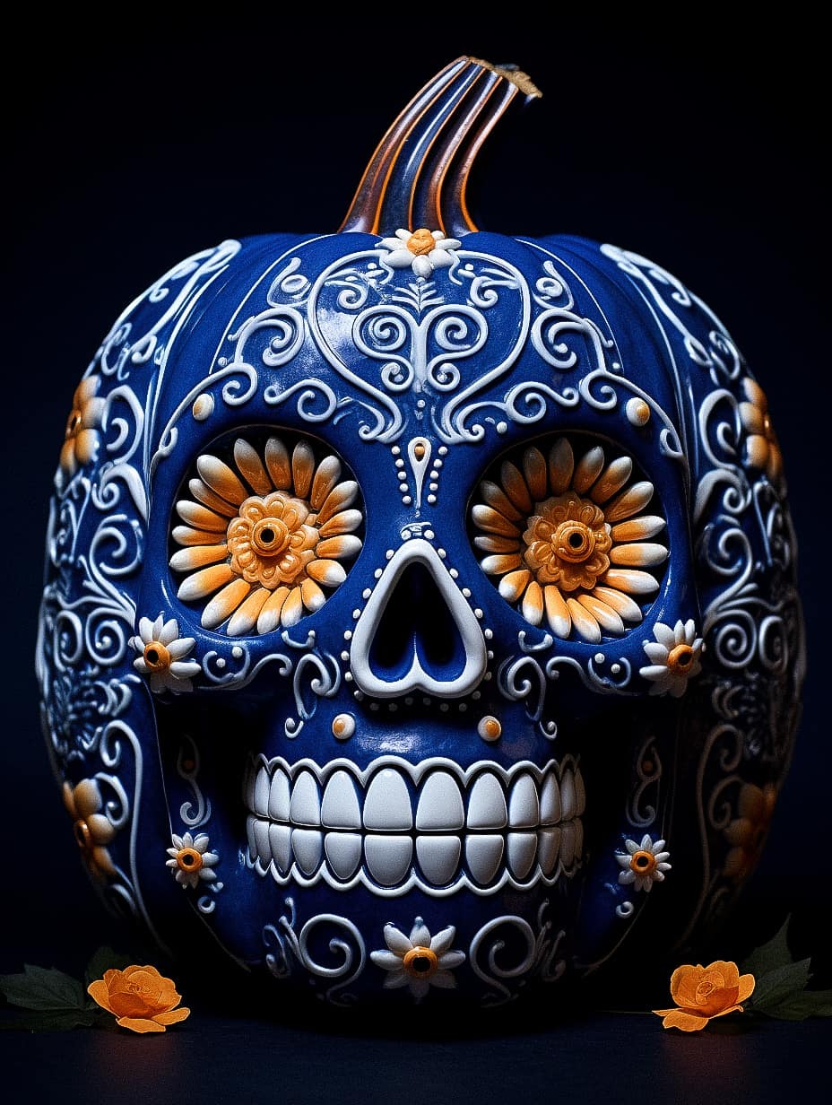 Gzhel Jack-o'-lantern design featuring intricate patterns, flowers, Halloween theme, Midjourney prompt techniques, version 5.2.