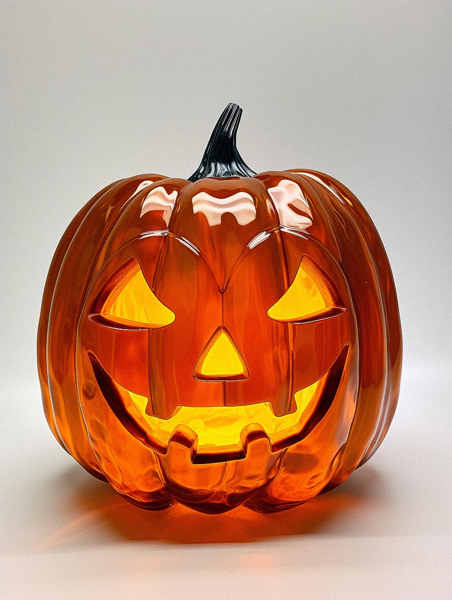 Acryl plastic Jack-o'-lantern design for Midjourney prompt engineering, Halloween art styles, color symbolism, --stylize parameters.