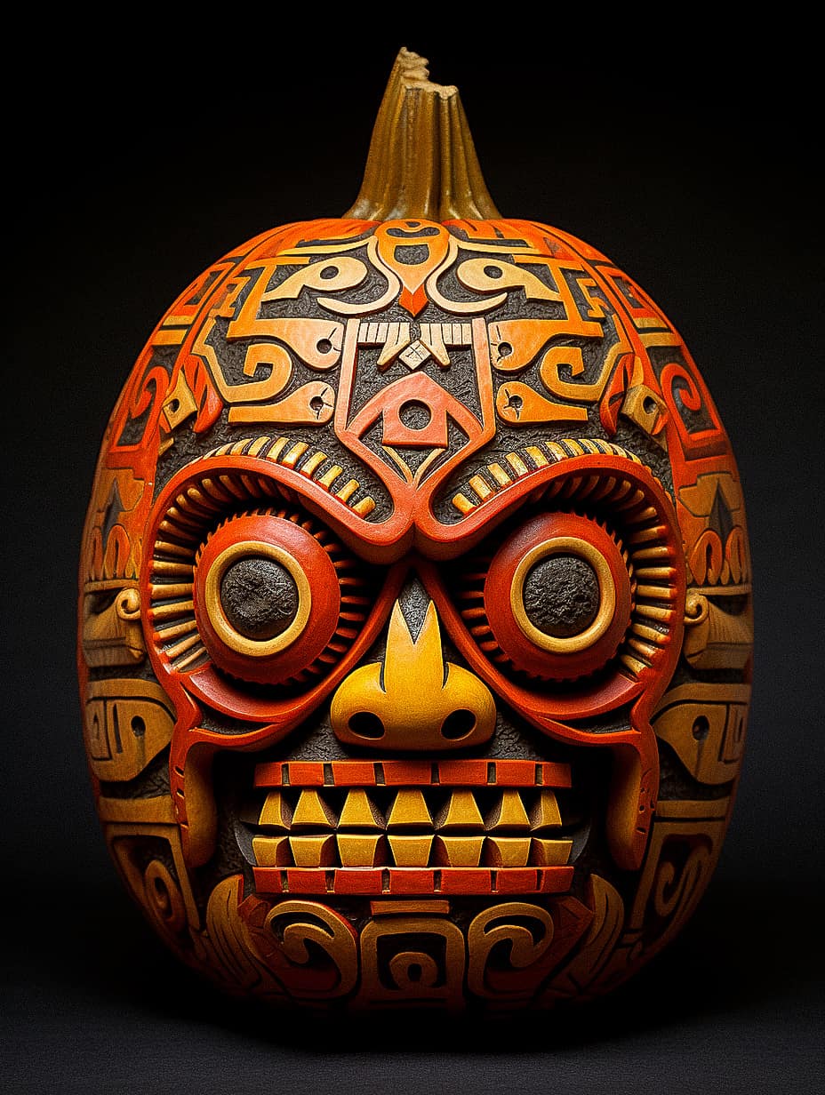 Aztec art Jack-o'-lantern design for Halloween, showcasing Midjourney prompt techniques, --stylize parameter, and mythical creature themes.