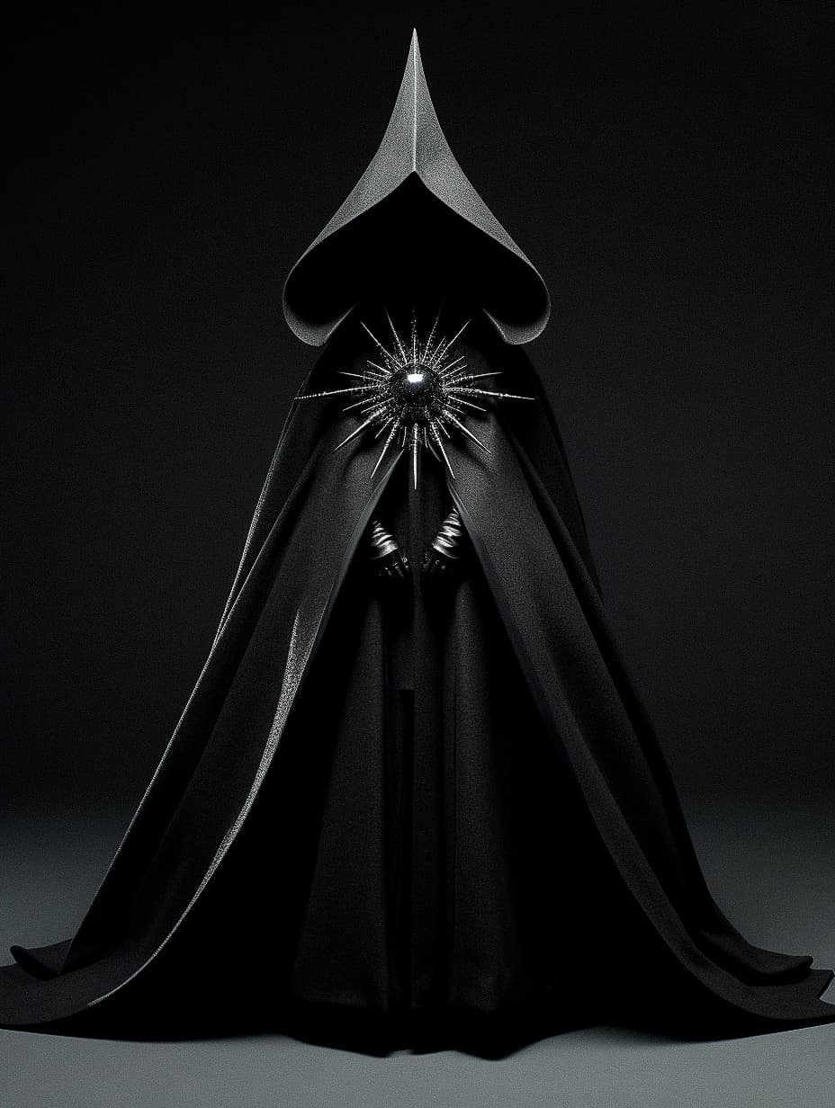 Midjourney prompt for witch costume design, featuring black cloak, starburst detail, Halloween art style, --v 5.2.
