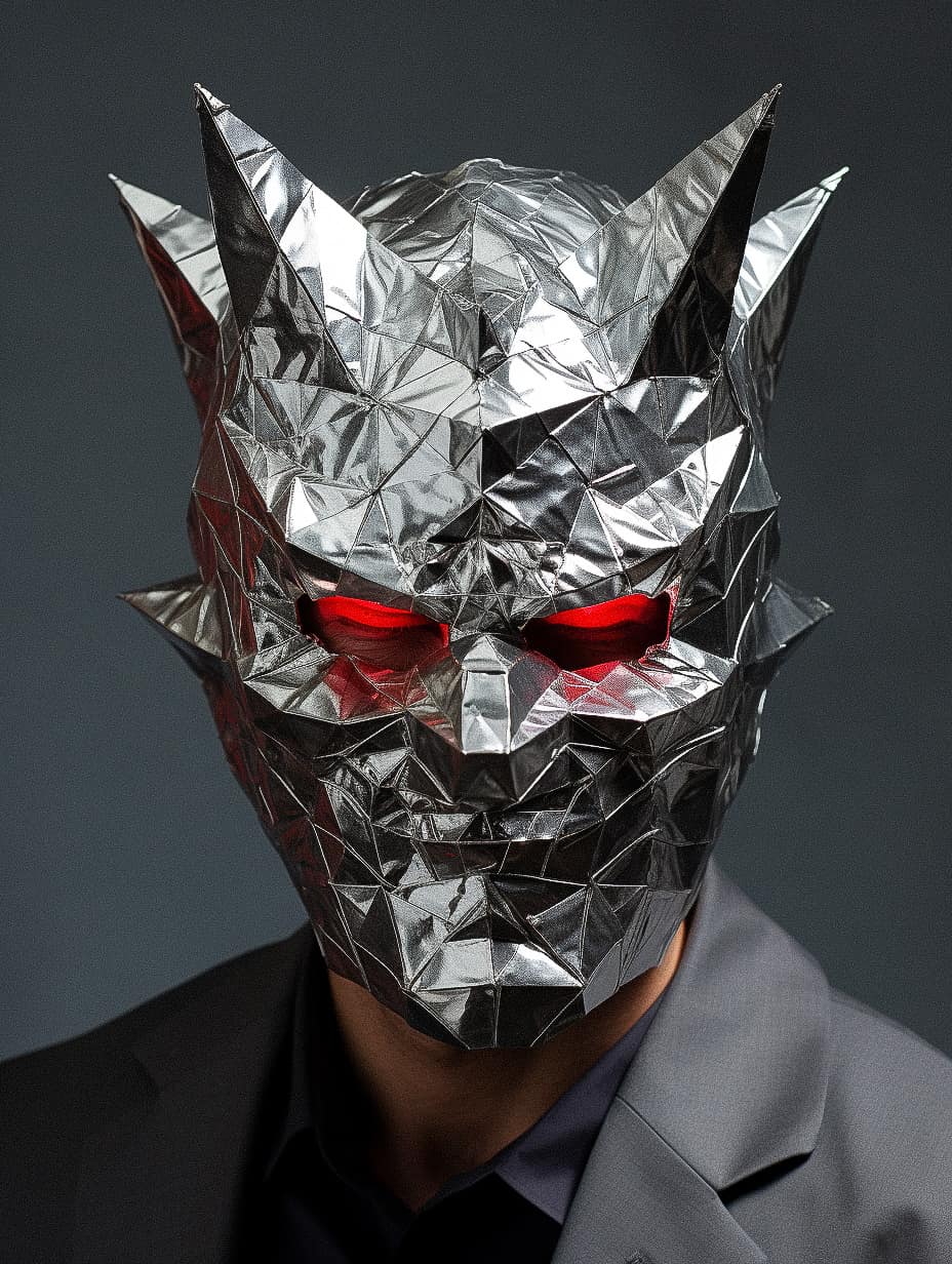 Midjourney prompt for Halloween design featuring aluminum foil devil mask, urban legends, mythical creatures, horror icons, --stylize, --weird, --tile parameters.