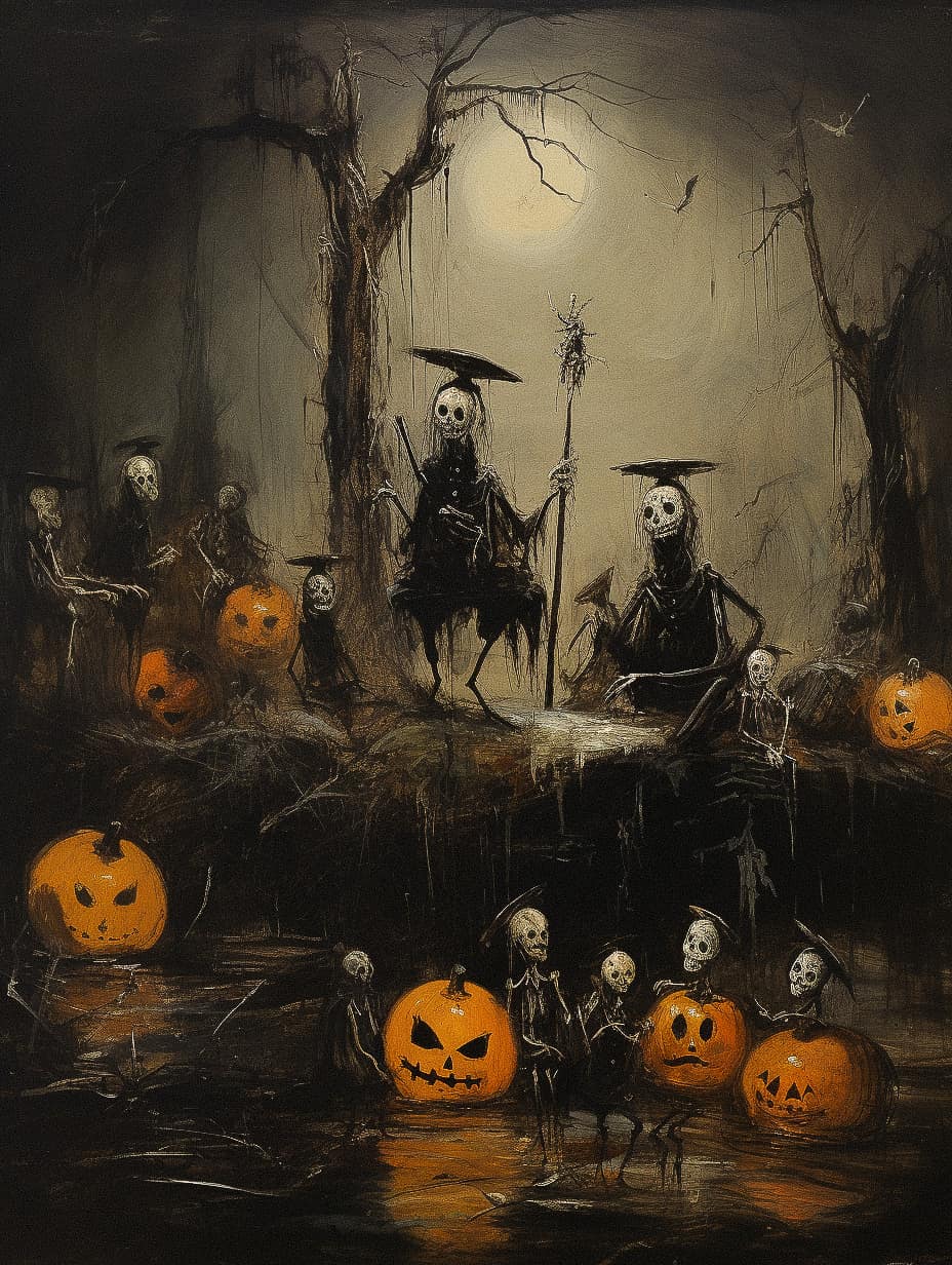 Midjourney prompt for Halloween design featuring skeletons, Jack-o'-lanterns, eerie atmosphere, urban legends, horror icons, --stylize, --weird, --tile.