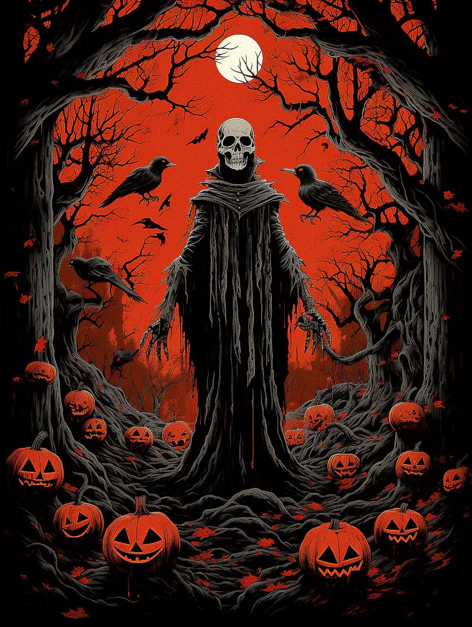 Midjourney prompt for Halloween poster featuring skull figure, pumpkins, crows, and eerie forest design.