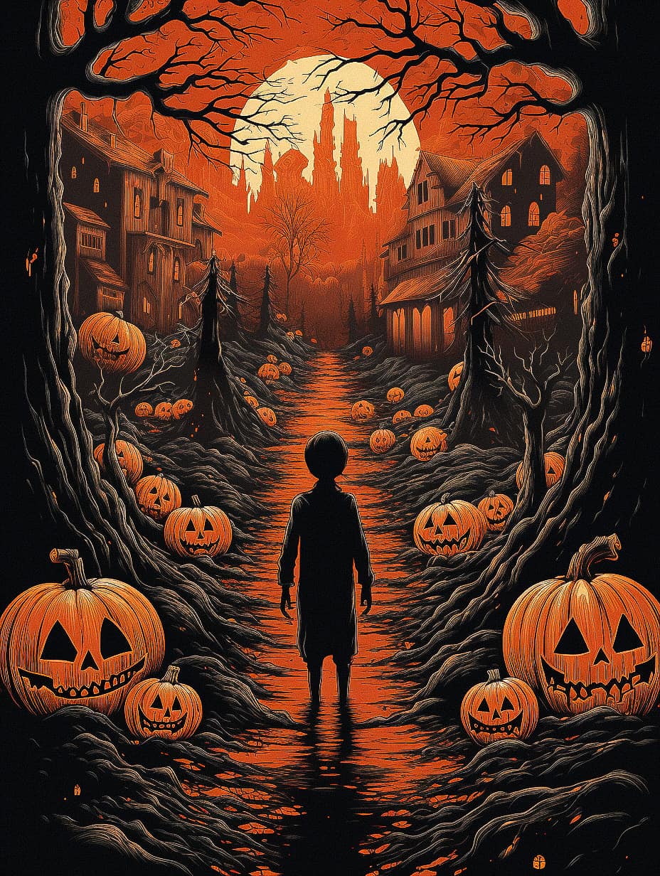 Halloween poster featuring Jack-o'-lanterns, eerie landscape, prompt engineering techniques for Midjourney AI designs.