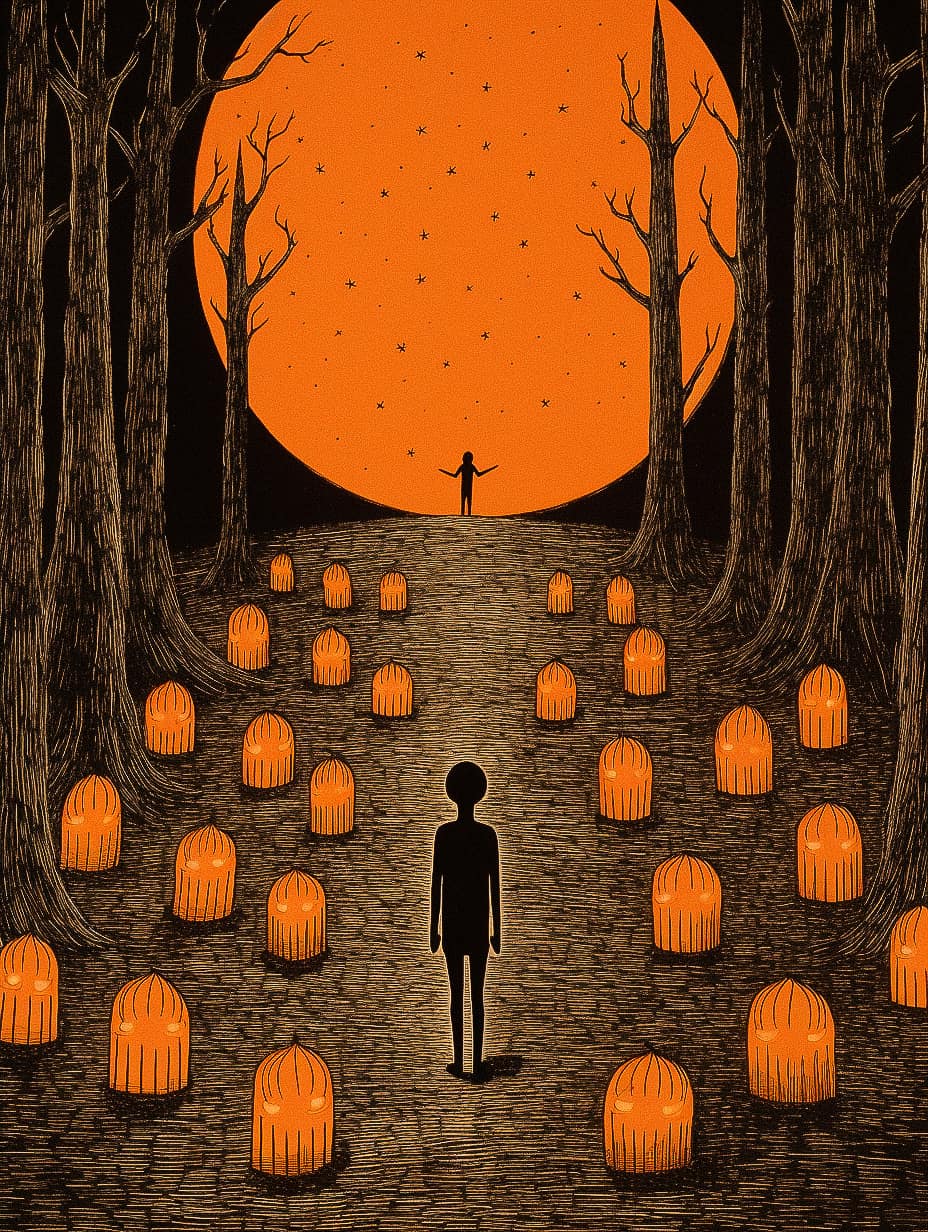 Midjourney prompt for Halloween poster featuring Jack-o'-lanterns, eerie forest, orange moon, and silhouette figure.