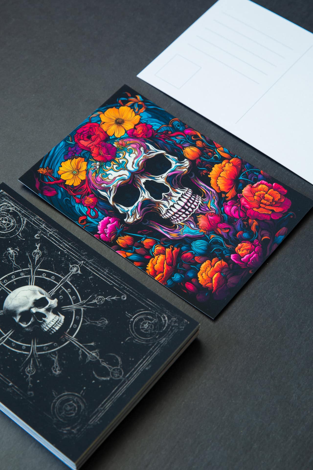 Midjourney prompt engineering for Halloween-themed postcards featuring skull and floral designs, urban legends, and color symbolism.