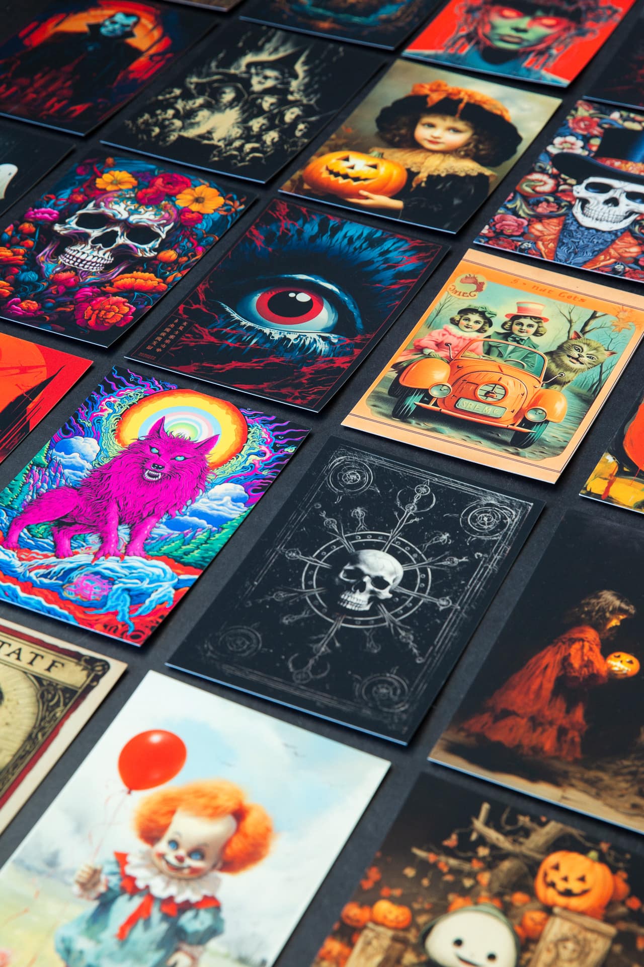 Midjourney prompt engineering for Halloween design concepts, featuring mythical creatures, horror icons, and colorful postcards.