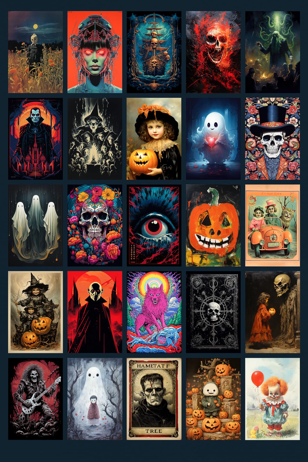 Midjourney Halloween designs featuring mythical creatures, prompt techniques, horror icons, Jack-o'-lanterns, and various art styles.