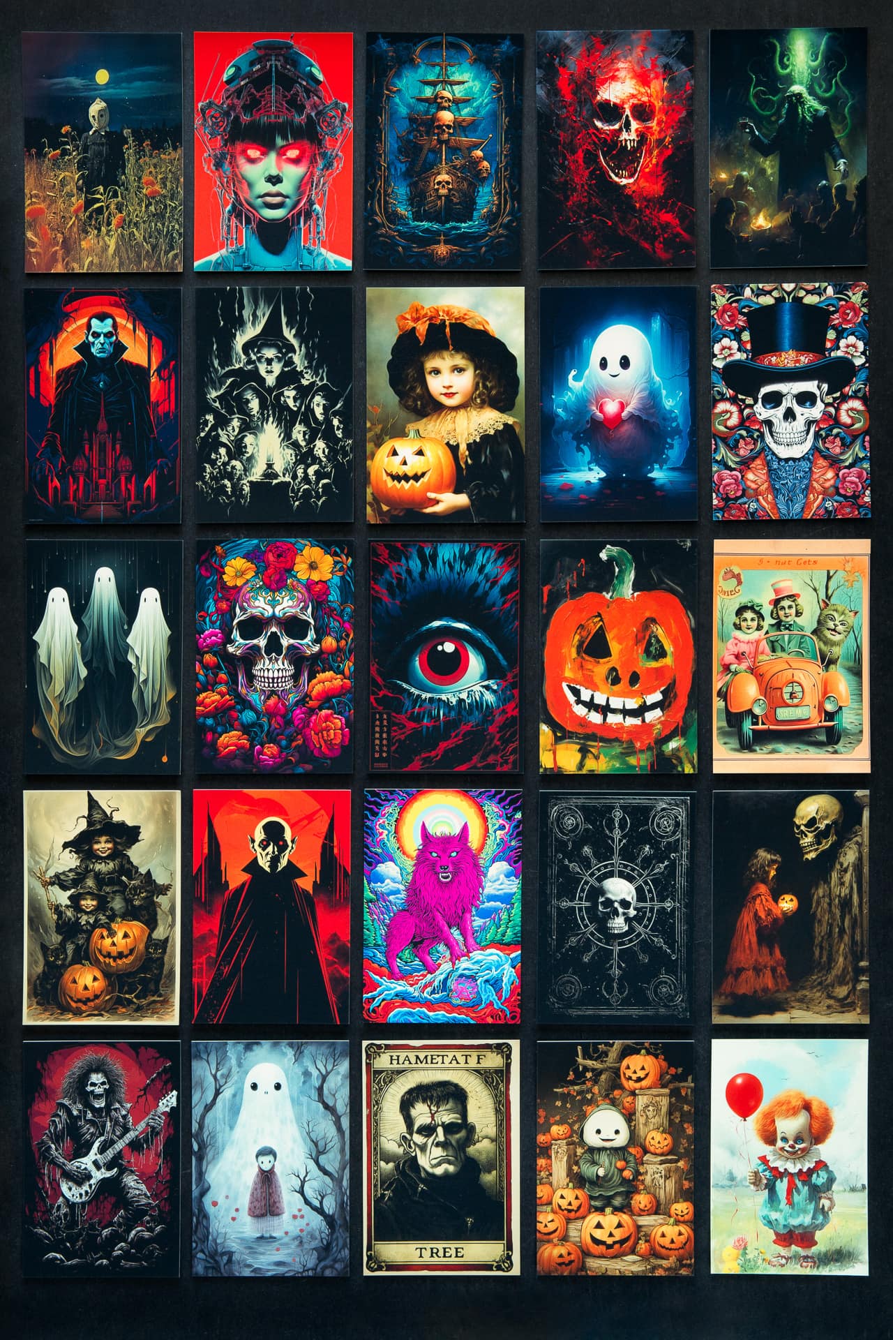 Midjourney prompt examples for Halloween designs: mythical creatures, horror icons, Jack-o'-lanterns, art styles, postcards, stickers, costumes.