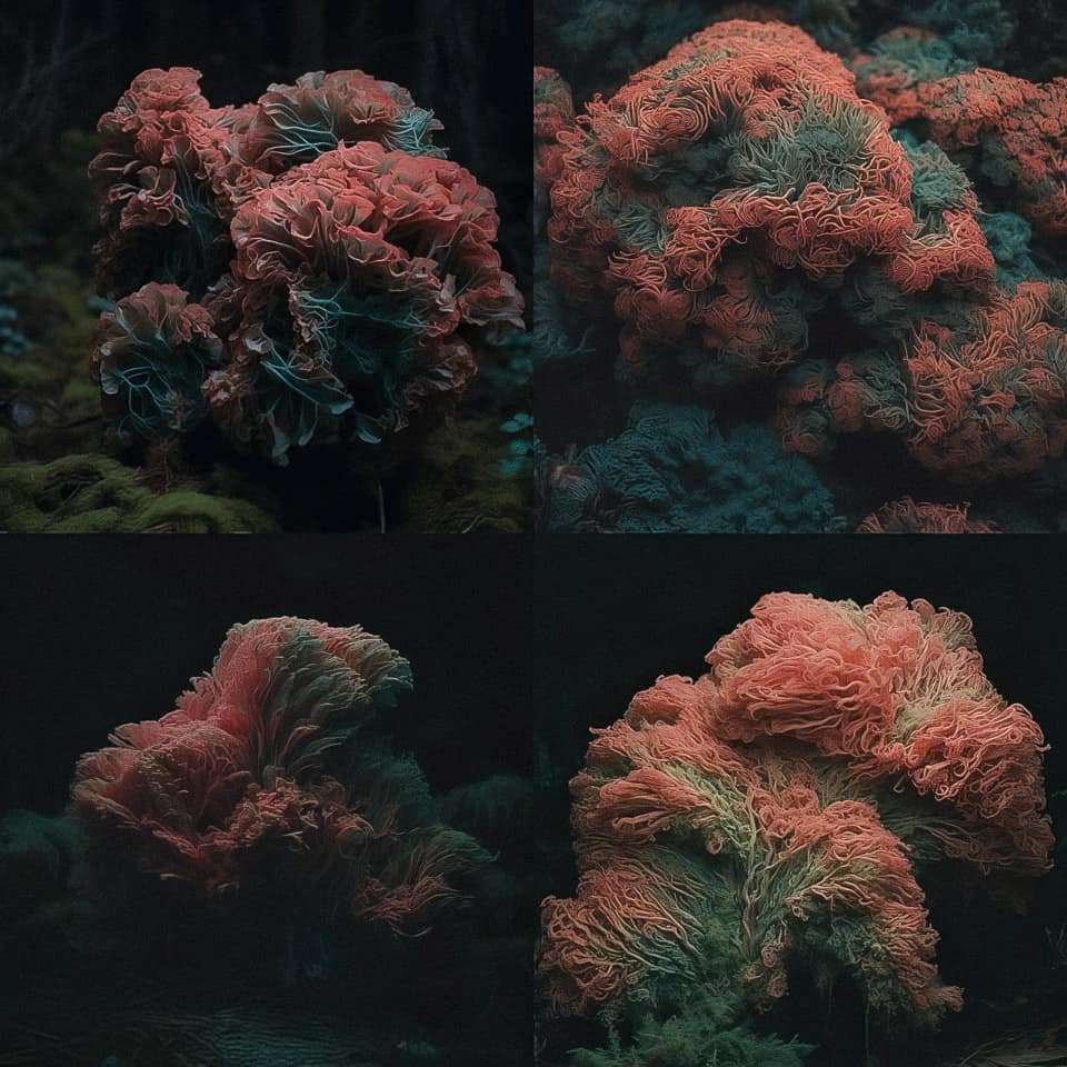 Midjourney prompt showcasing unique coral-like structures generated using Style Tuner, demonstrating /tune command capabilities in Version 5.2.