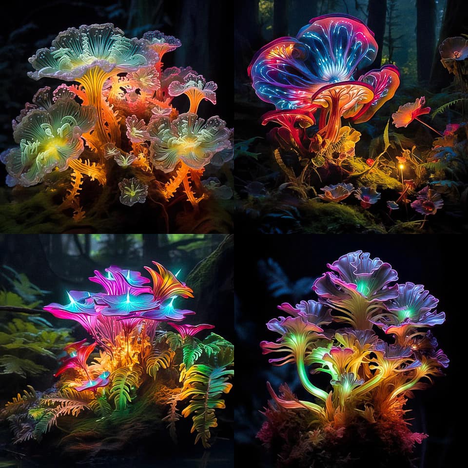 Midjourney prompt showcasing vibrant, luminescent mushroom art styles generated with /tune command in Version 5.2.