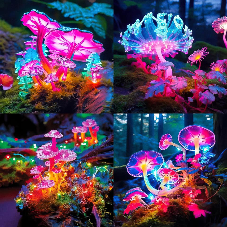 Midjourney prompt showcasing vibrant, glowing mushrooms in various colors and styles, illustrating unique text-to-image generation techniques.