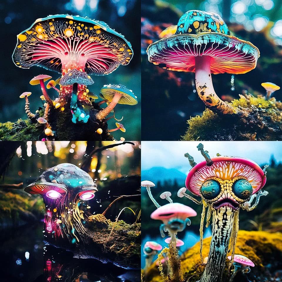 Colorful mushrooms generated with Midjourney prompt techniques showcasing unique styles and features.