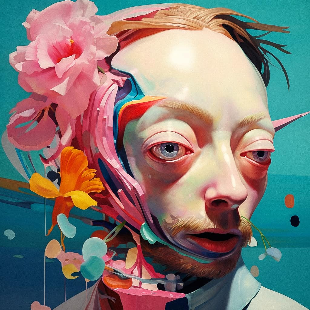 Midjourney prompt for Thom Yorke with unique style using /tune command, Version 5.2, floral elements, abstract features.
