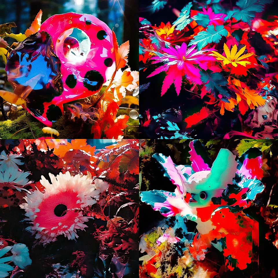 Midjourney prompt showcasing vibrant colors and abstract shapes in floral compositions, emphasizing unique style creation with /tune command.