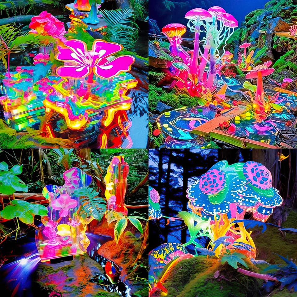 Midjourney prompt showcasing vibrant, neon flora in surreal landscapes, illustrating unique styles via /tune command, Version 5.2.