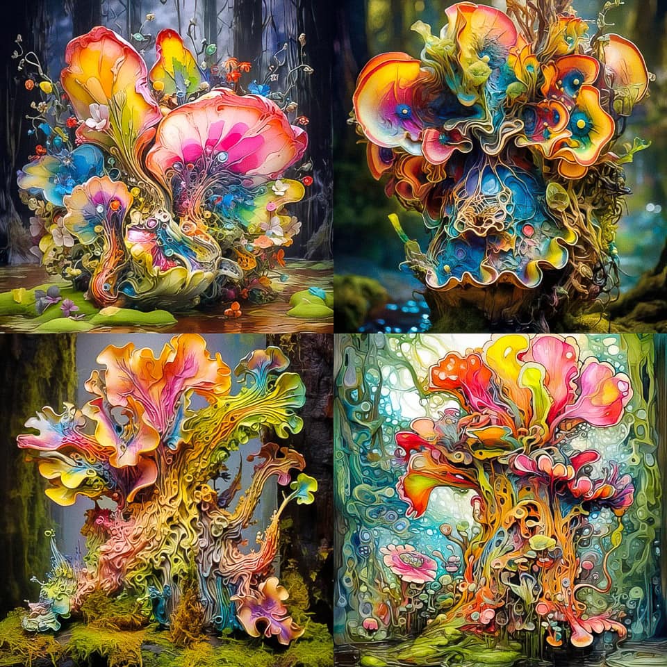 Midjourney prompt showcasing vibrant, abstract mushroom formations in various styles, demonstrating creative potential of /tune command in Version 5.2.