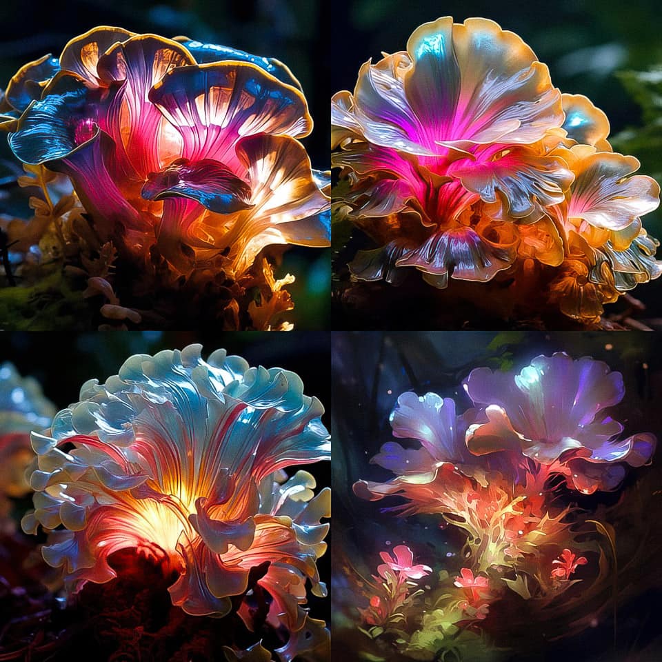 Midjourney prompt showcasing vibrant, luminescent mushroom art styles generated using /tune command in Version 5.2.