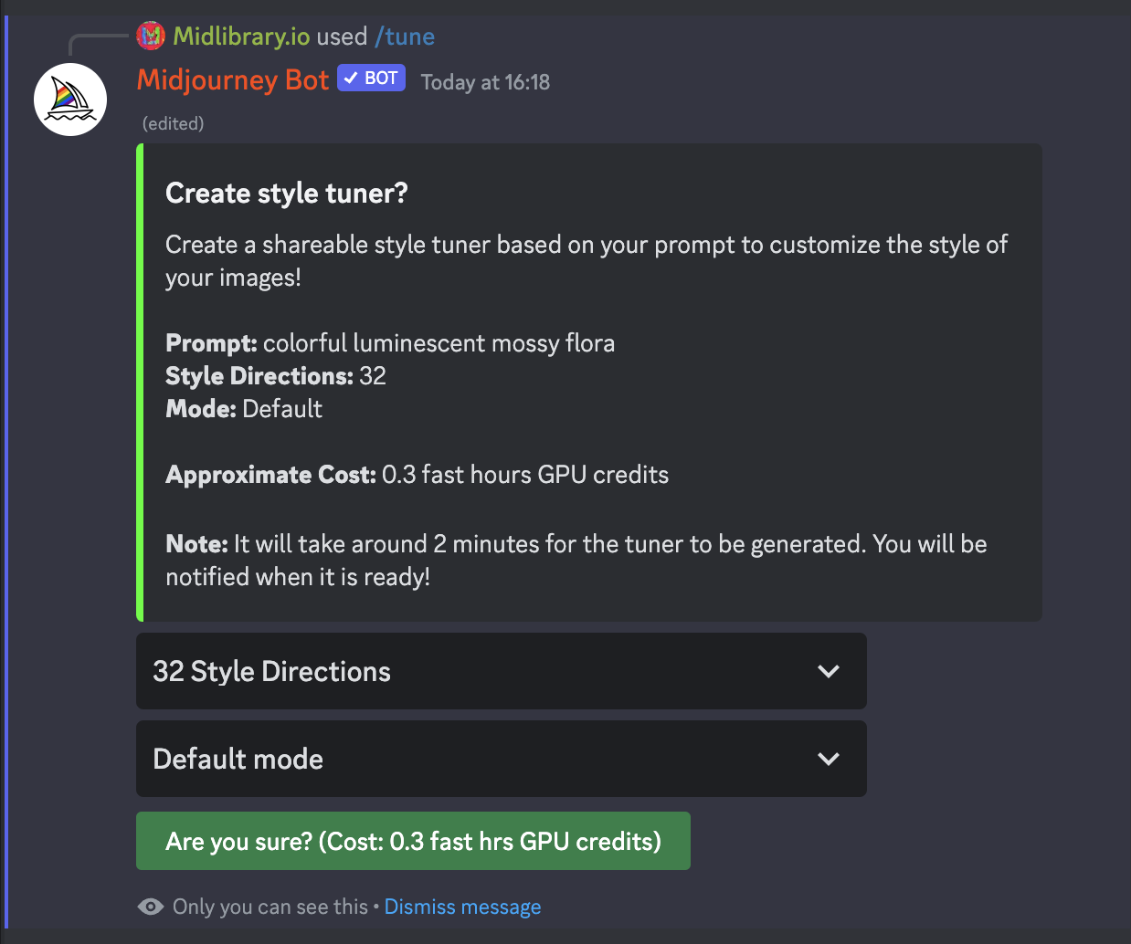 Midjourney prompt for style tuner creation with 32 style directions in Discord interface.