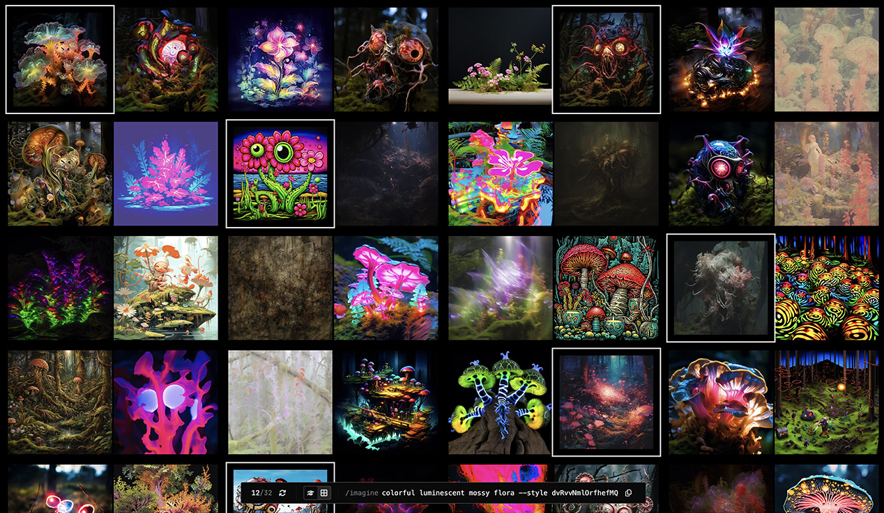 Midjourney prompt showcasing colorful luminescent mossy flora in grid mode, utilizing /tune command for unique style generation.