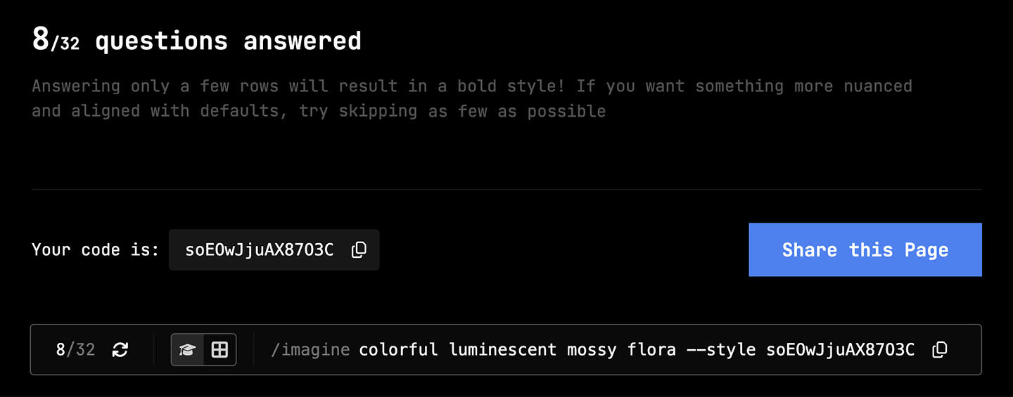 Midjourney prompt interface displaying code and style options for image generation.