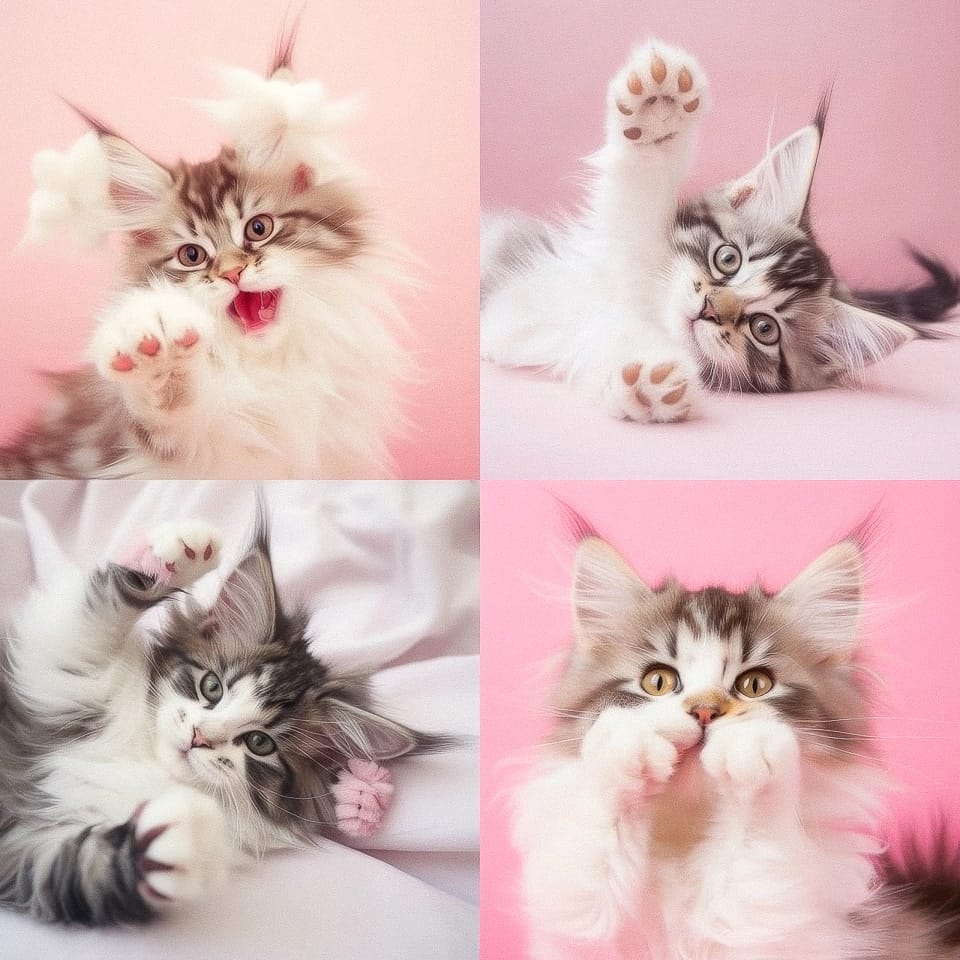 Maine Coon kitten images showcasing playful poses, highlighting Midjourney prompt techniques for generating unique styles.