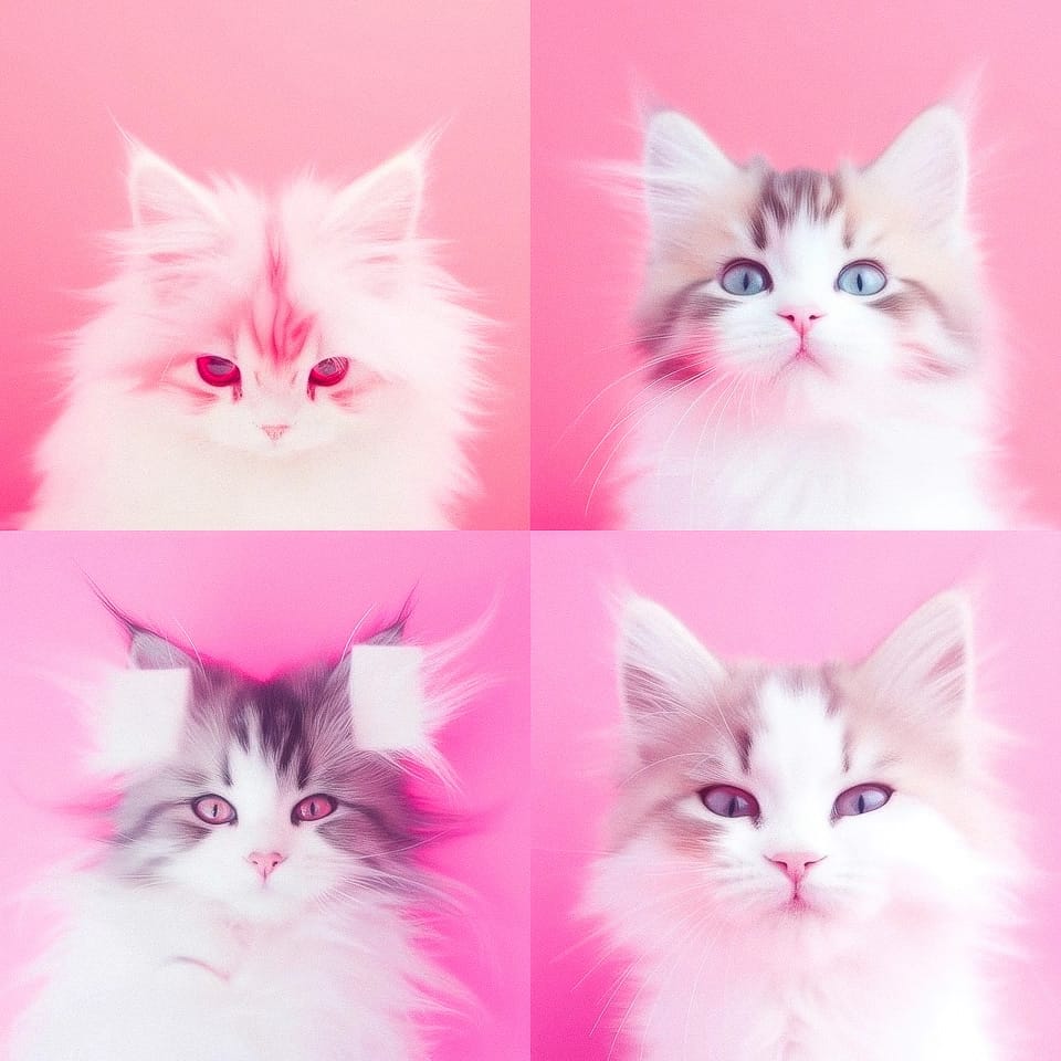 Midjourney prompt showcasing cat portraits with pink backgrounds, demonstrating unique style generation techniques in Version 5.2.