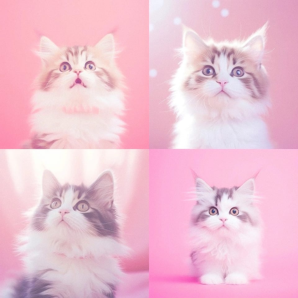 Midjourney prompt showcasing four kittens with soft pink backgrounds, emphasizing unique styles and image generation techniques.