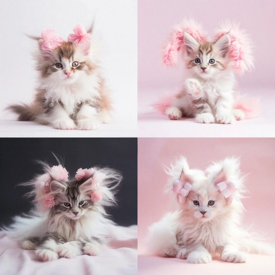 Four kittens with pink accessories, showcasing different poses and fur styles, illustrating Midjourney prompt variations and creative styling.